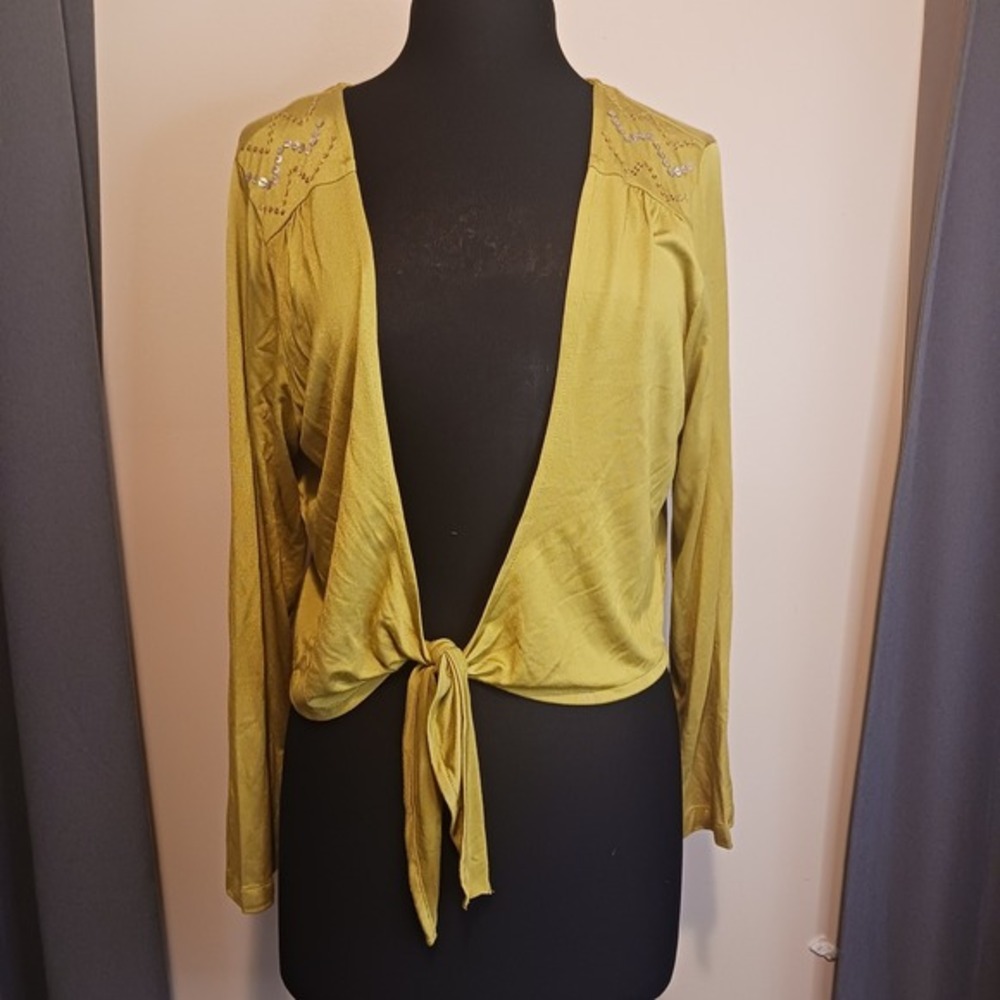 Y2k Chartreuse Green Tie Front Sequin Shoulder Shrug Cropped Top Cardigan XL‎